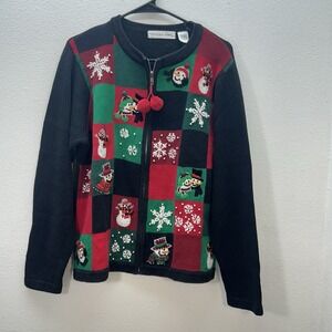 90s Vintage Patchwork Ugly Christmas Sweater Jacket Knit Women's L Party Holiday